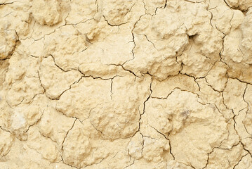 Dry yellow earth with cracks close up. The concept of global warming, cataclysms and drought.