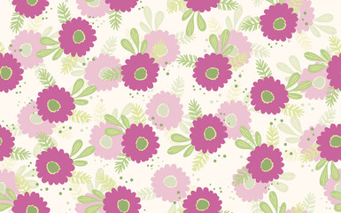 Seamless floral pattern based on traditional folk art ornaments. Colorful flowers on light background. Scandinavian style. Sweden nordic style. Vector illustration. Simple minimalistic pattern