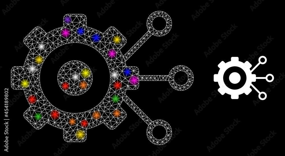 Poster glossy network gear connections constellation icon with lightspots. illuminated vector constellation