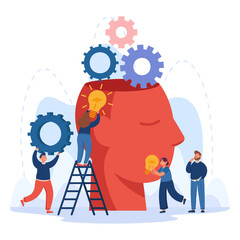 Creative characters putting idea bulbs into huge head. Office people brainstorming, doing research together, innovation flat vector illustration. Imagination, community, teamwork, education concept