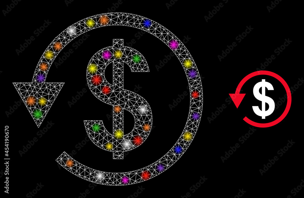 Poster bright mesh dollar chargeback glare icon with lightspots. illuminated vector constellation based on 