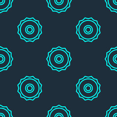 Green line Circular saw blade icon isolated seamless pattern on blue background. Saw wheel. Vector