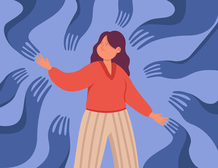 Creepy hands crawling towards female cartoon character. Woman indebted or attached to bad people, controlled by power of fear or addiction flat vector illustration. Influence, manipulation concept