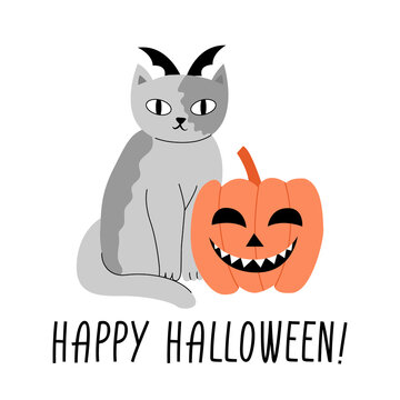 Cute illustration with gray cat and pumpkin. Text happy halloween