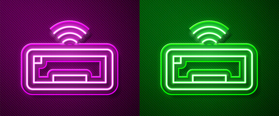 Glowing neon line Computer keyboard icon isolated on purple and green background. PC component sign. Vector