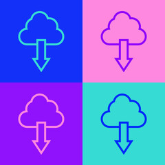Pop art line Cloud download icon isolated on color background. Vector