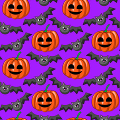 Seamless vector pattern with cartoon horror bat and pumpkin