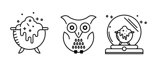 Win in magic cauldron, magic cauldron, orb, owl and magic orb. icons. Set for Halloween concept. It is a set of linear icons.