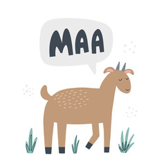 Goat says maa. Hand drawn vector illustration. Cute animal with lettering