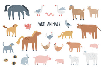 Set of farm animals. Hand drawn vector illustration for kids or nursery design. Cute animals with their babies.