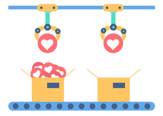 Automatic production line with robotic arms packing likes in boxes. Conveyor, approval, social media, feedback, bot. Blogging concept. Appliances for manufacturing plants