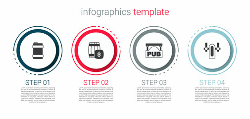 Set Metal beer keg, Wooden barrel, Street signboard with Pub and Beer tap. Business infographic template. Vector