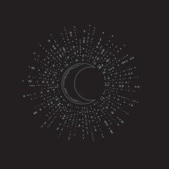 Vector dark boho moon with radial beams on a black background. Sketch of a shining crescent tattoo in retro style. Dark mystical illustration with a magical symbol