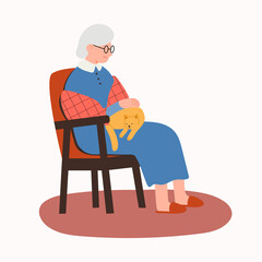 Old lady sit in a chair with a cat, vector illustration in cartoon flat style