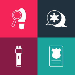 Set pop art Police badge with id case, electric shocker, Hexagram sheriff and Footsteps icon. Vector
