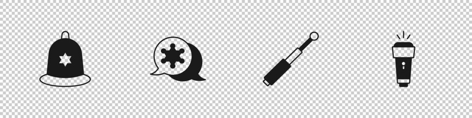 Set British police helmet, Hexagram sheriff, Telescopic baton and Flashlight icon. Vector