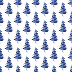 XMAS watercolor Fir Tree Seamless Pattern in Blue Color. Hand Painted Spruce Pine tree background or wallpaper for Ornament, Wrapping or Christmas Decoration