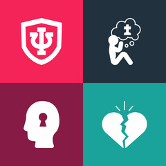 Set pop art Broken heart or divorce, Solution to the problem, Man graves funeral sorrow and Psychology, Psi icon. Vector