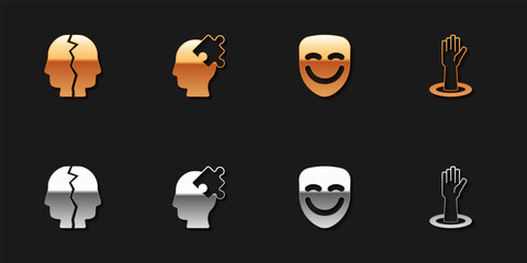 Set Bipolar disorder, Solution to the problem, Comedy theatrical mask and Helping hand icon. Vector