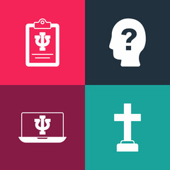 Set pop art Graves funeral sorrow, Psychologist online, Head with question mark and Psychology, Psi icon. Vector