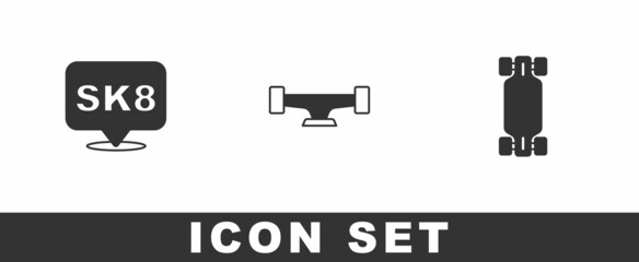 Set Skateboard, wheel and Longboard or skateboard icon. Vector