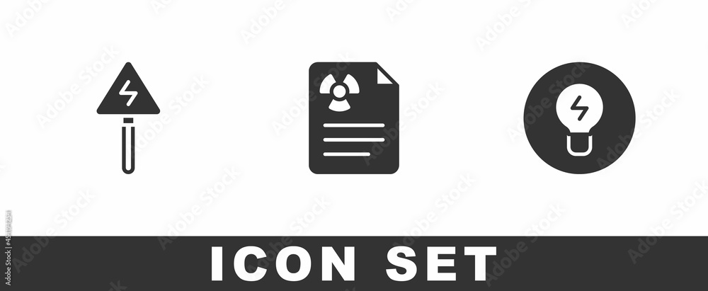 Poster set high voltage sign, radiation warning document and light bulb with concept of idea icon. vector
