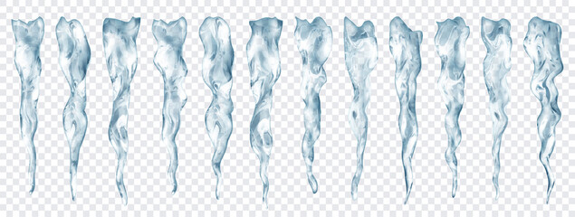 Set of translucent realistic gray icicles of different lengths on transparent background. Transparency only in vector format