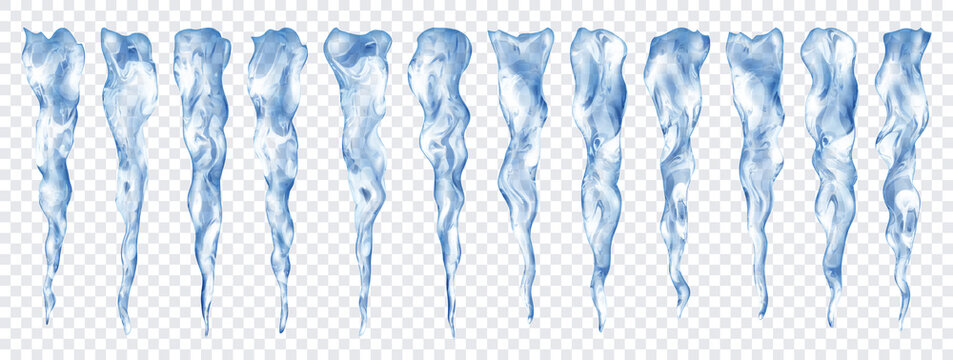 Set of translucent realistic gray icicles of different lengths on transparent background. Transparency only in vector format
