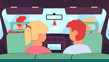 Kids travelling with parents by car. Flat vector illustration. Cartoon boy and girl sitting at back seat in auto interior with mom and dad in front of them. Family, road trip, journey concept