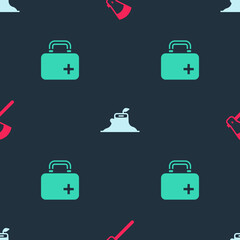Set Wooden axe, Tree stump and First aid kit on seamless pattern. Vector