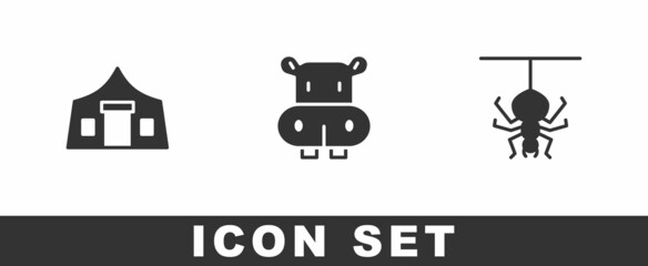 Set Tourist tent, Hippo or Hippopotamus and Spider icon. Vector
