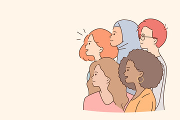 Mixed race group attention concept. Group of multi ethnic people girls and boys standing and looking away over light background, copy pace, vector illustration 