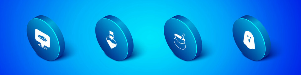 Set Isometric Magic stone, Witch cauldron, Ghost and Bottle with potion icon. Vector