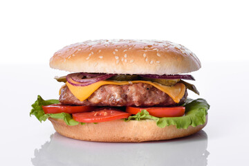 Craft beef burger and french fries on a white background