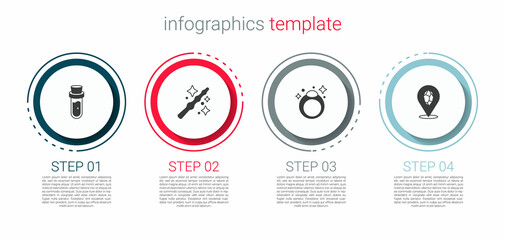 Set Bottle with potion, Magic wand, stone ring and . Business infographic template. Vector