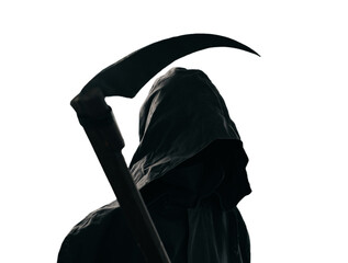 Man in a Death costume, a fictional mythical image for the day of Halloween, on a white background,...
