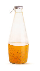 a bottle of orange and passionfruit juice. half drank