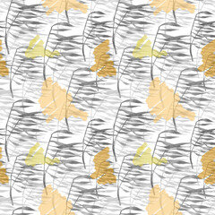 Leaves tinted gray, trend of the year 2021 on a white background. Autumn concept. Top view of gray tinted leaves with a splash on white . samless pattern