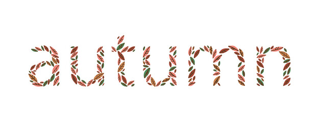 The inscription Autumn, where the letters are made of colorful leaves. Autumn lettering. Banner with the word Autumn made from red, green and orange leaves. Vector isolated illustration.