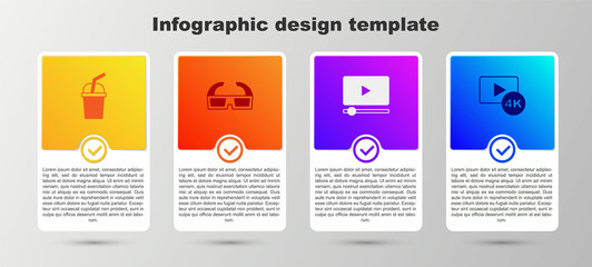 Set Paper glass with water, 3D cinema glasses, Online play video and Screen tv 4k. Business infographic template. Vector