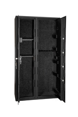 Double wing safe for weapons. A metal gun safe with two doors. Safe storage for weapons. Isolate on a white back - obrazy, fototapety, plakaty