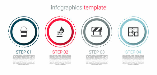 Set Fire bucket, in burning building, Road barrier and Evacuation plan. Business infographic template. Vector