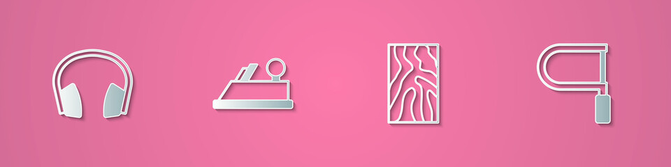 Set paper cut Headphones, Wood plane tool, Wooden beam and Hacksaw icon. Paper art style. Vector