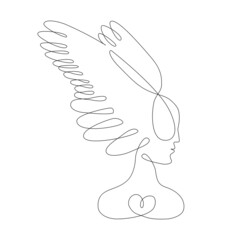 Woman face with wings abstract one continuous line portrait. Modern minimalist style illustration for posters, t-shirts prints, avatars, postcard and brochure. Single line draw graphic design