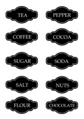 Kitchen seasoning pantry label organizer in black white classic style vector set collection. Kitchen stickers. Vector illustration. 