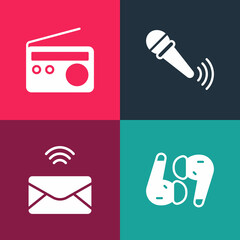 Set pop art Air headphones, Mail and e-mail, Wireless microphone and Radio icon. Vector
