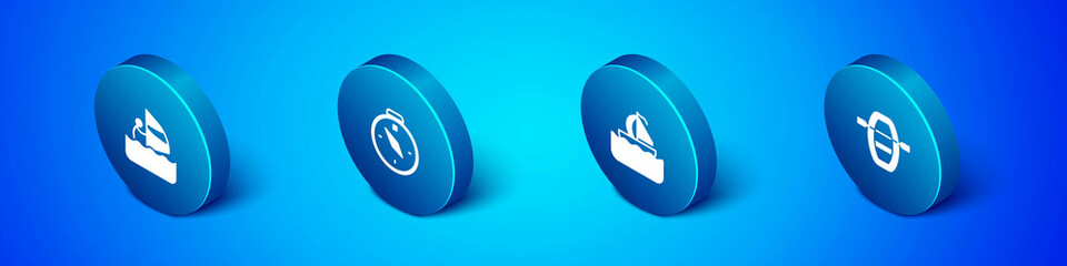 Set Isometric Windsurfing, Yacht sailboat, Boat with oars and Compass icon. Vector