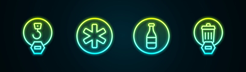 Obraz premium Set line Industrial hook, Medical symbol of the Emergency, Bottle and Trash can. Glowing neon icon. Vector