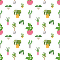 Home trees seamless background pattern. Vector illustration. Plants in bright pots. Modern texture in flat style great for wrapping paper, fabric and backdrop.