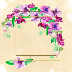 Frame orchid watercolor, flower banner, retro, paper, wooden, signboard.Orchid floral botanical flowers. Watercolor background illustration set. Frame border ornament square clipart